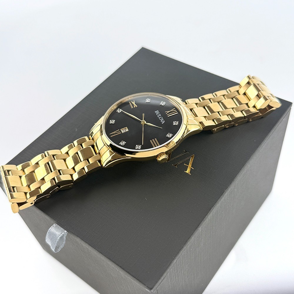 Men’s Bulova 97D108 Classic Diamond Quartz Gold Stainless Black Dial Watch 40mm