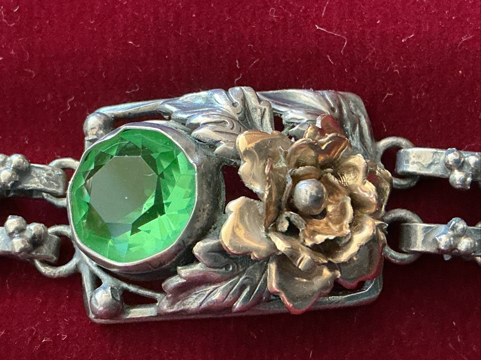 Signed Hobe 40’s Sterling Silver 1/20 14K Gold Floral Link Bracelet Green Glass