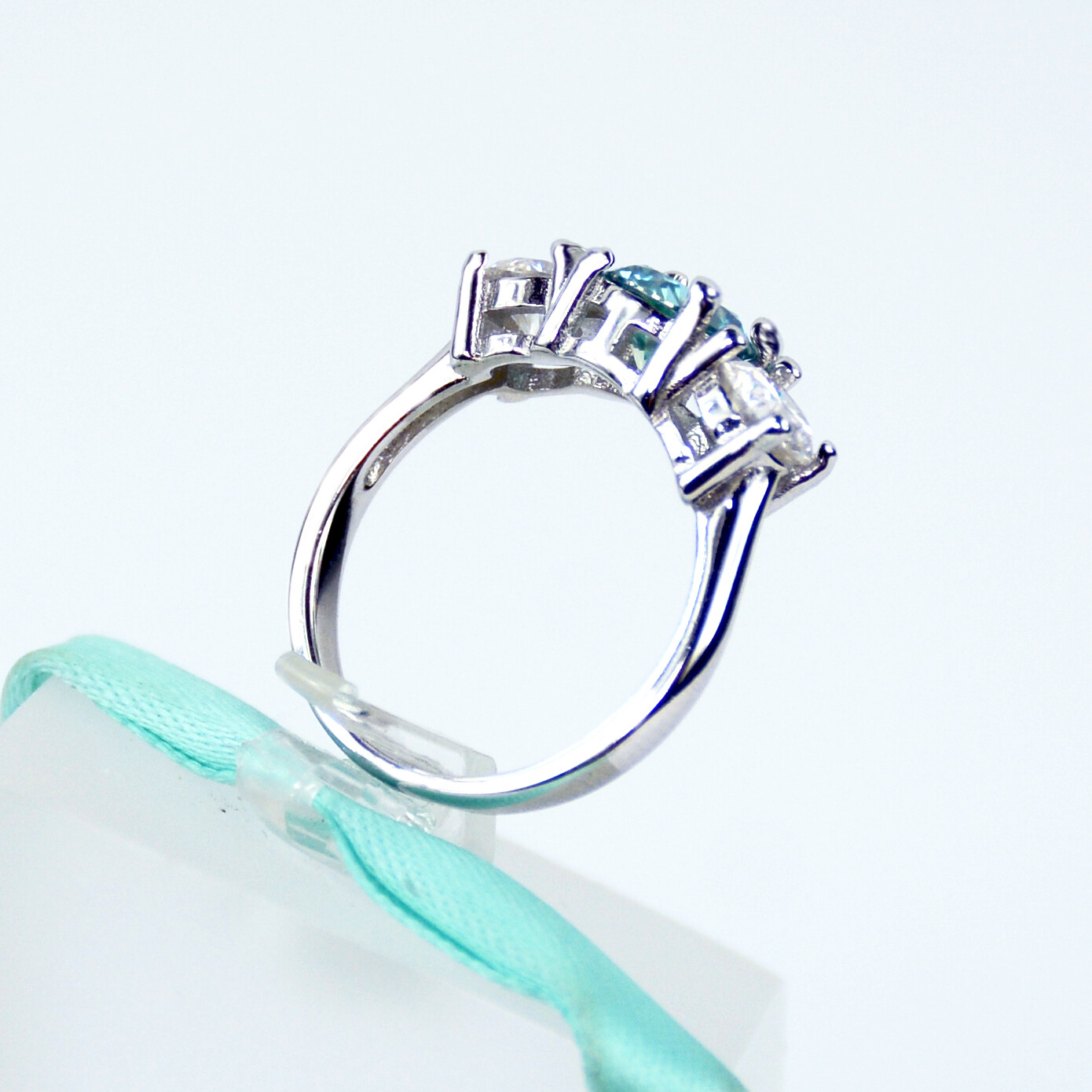 1Carat Blue Moissanite 5mm White Moissanite 3Stone Engagement Ring, Total 2Carat