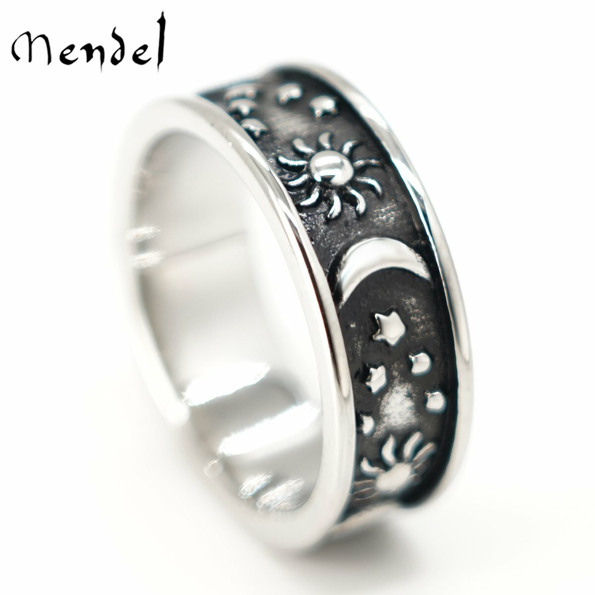 MENDEL Black Mens Womens Sun And Moon Star Ring Band Stainless Steel Size 6-15