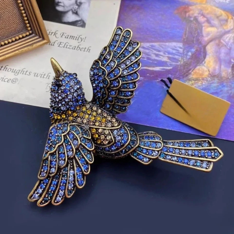 Vintage Blue Rhinestone Bird Brooch Sparkling Crystal Flying Bird Pin