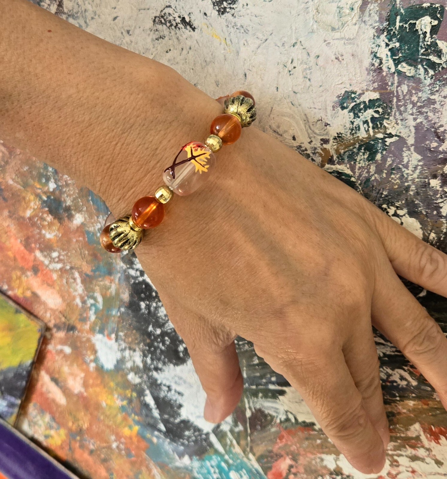 Fall Bracelet Pumpkin Maple Leaf Harvest Jewelry Beaded Gold Orange Brown
