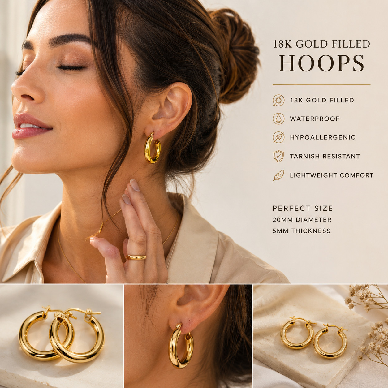 18k Gold Filled Hoops, everyday wear, waterproof, earrings for women