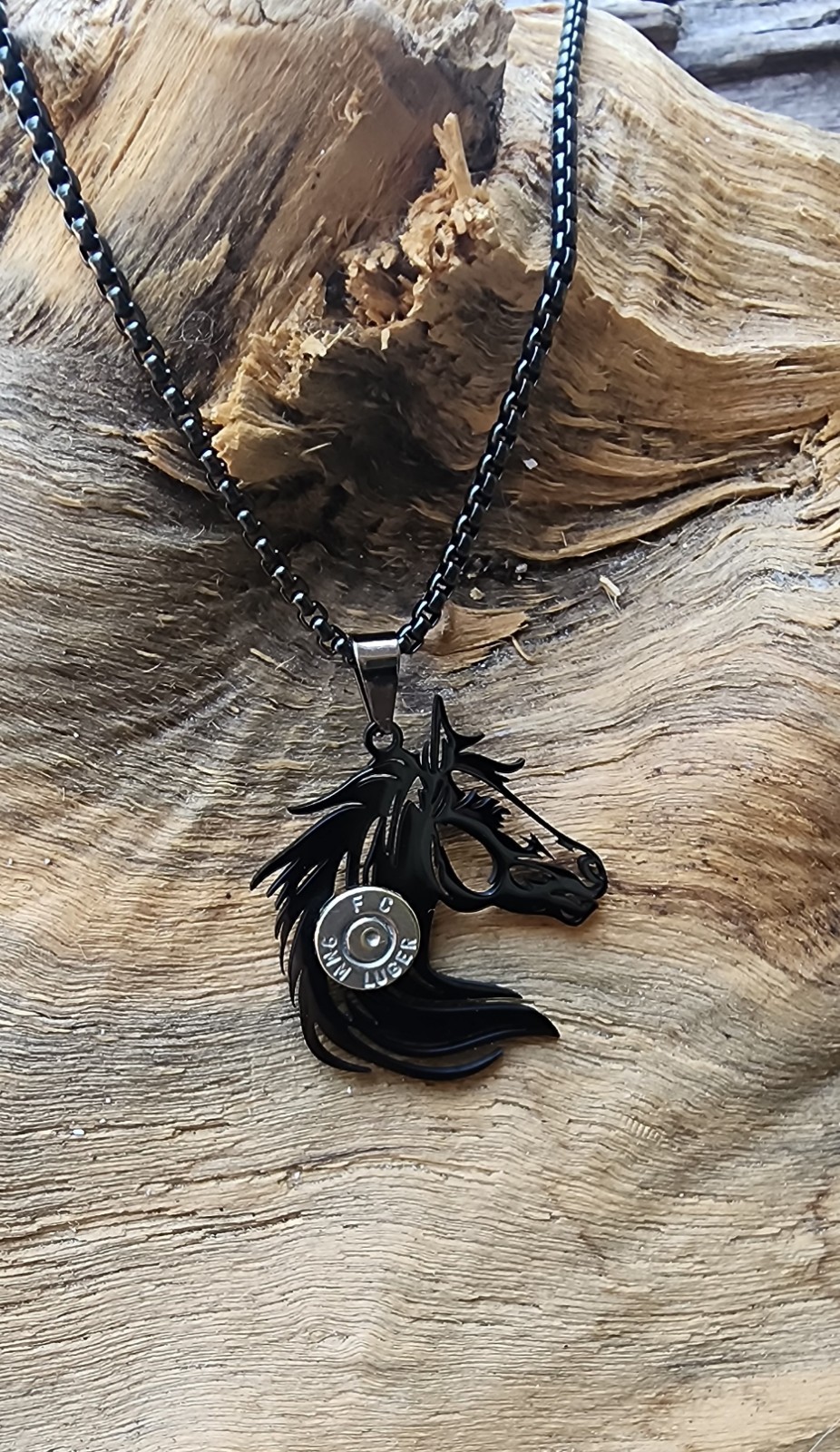 Black Stainless Horse Necklace with Nickel 9 mm Bullet Casing. Optional Color