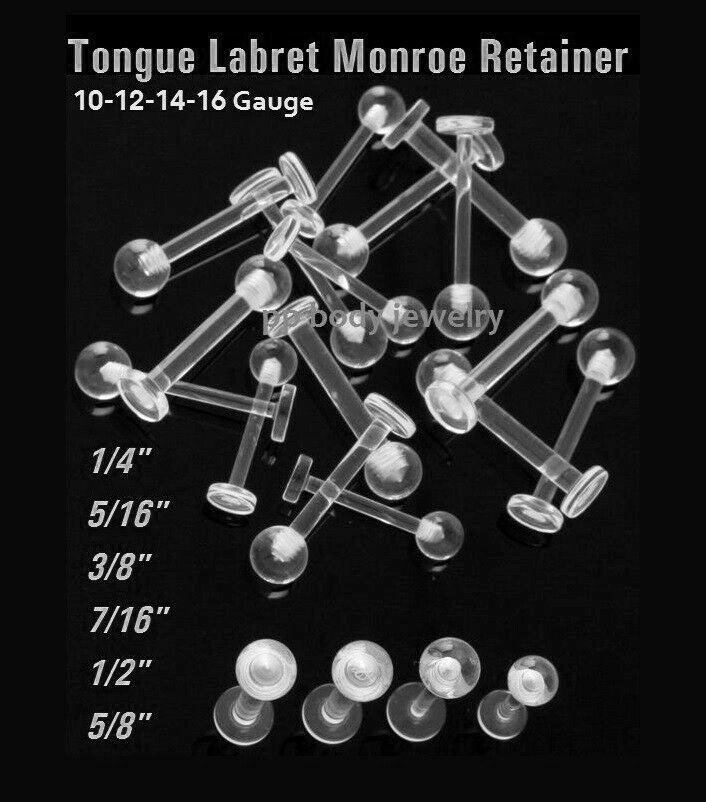 16G 14G 10G 12G -1/4″ to 5/8″ Clear Ball Labret Monroe Tongue Barbell Retainer