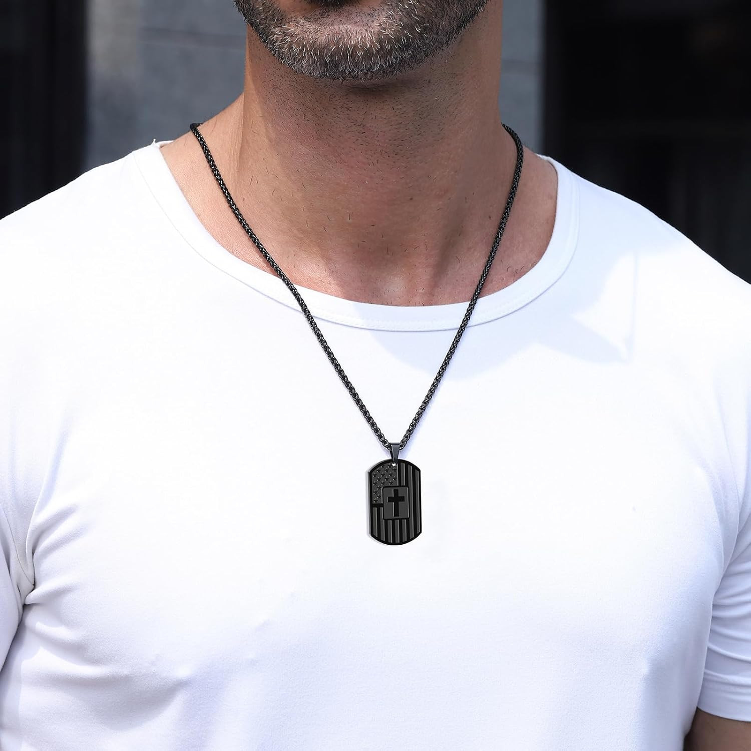 American Dog Tag Cross Necklace for Boys Men, Christian Baptism Confirmation Rel