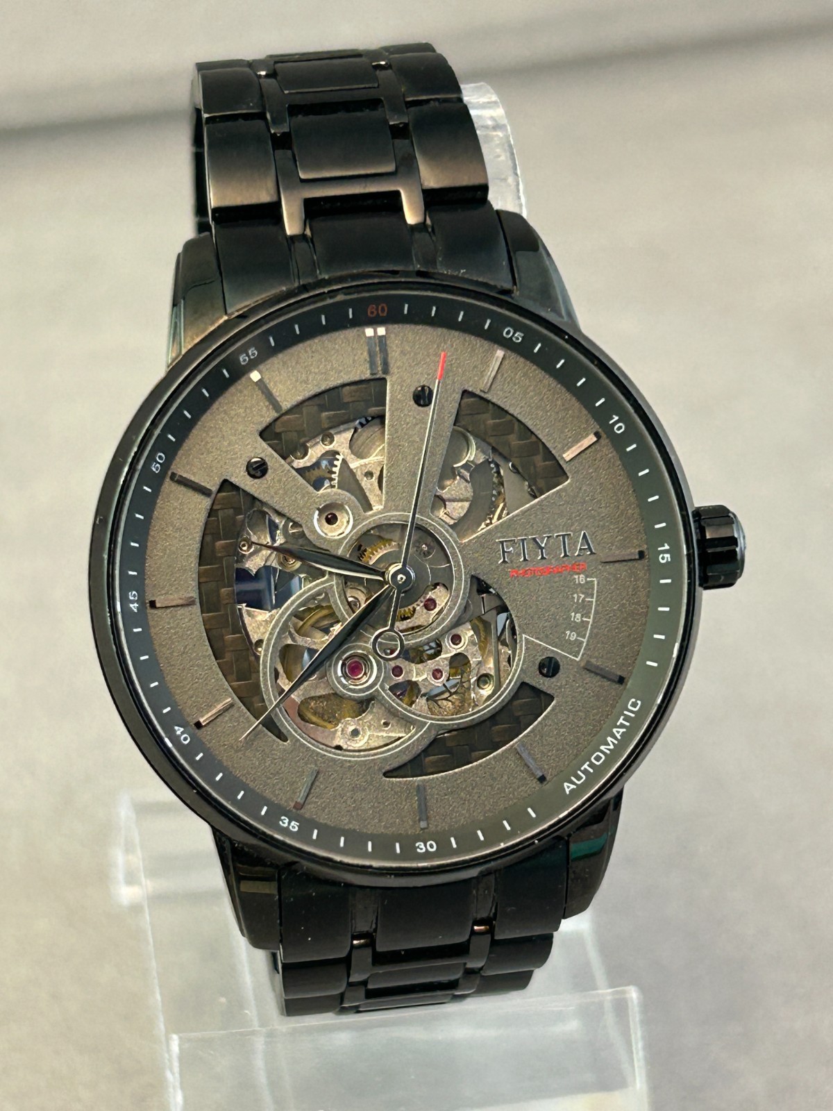 Fiyta Photographer Automatic Mens Watch, Skeleton Dial, Exhibition Back, SS Band