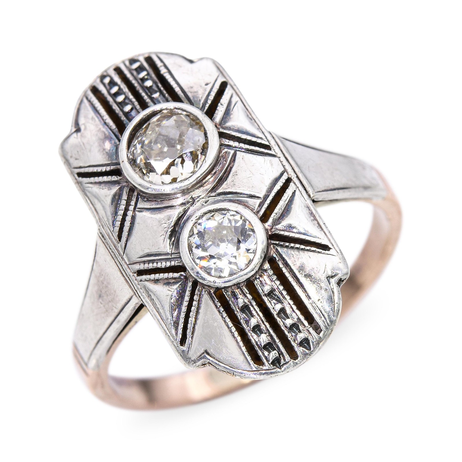 Antique Yellow Gold and Silver Top Old Mine Cut Diamond Dinner Ring