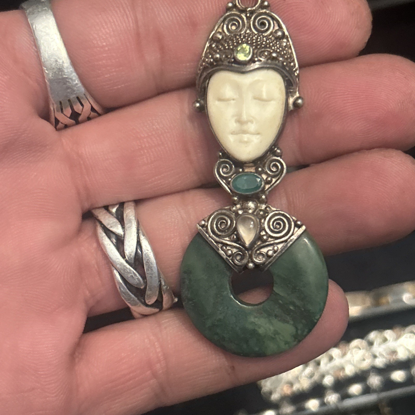 ALL SAJEN Sterling 925 Carved Amethyst Moon Face Pendant Jade Mystic Topaz WOW!