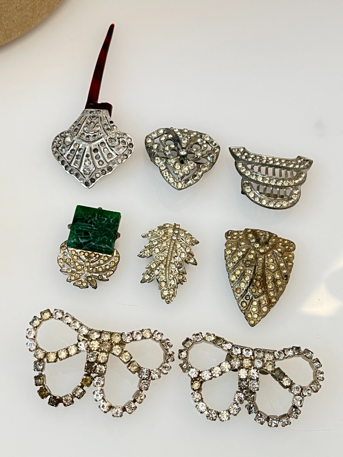 Antique Upcycle Repair Dress Clip, Belt, Shoe Clip Rhinestone Jade Jewelry Lot