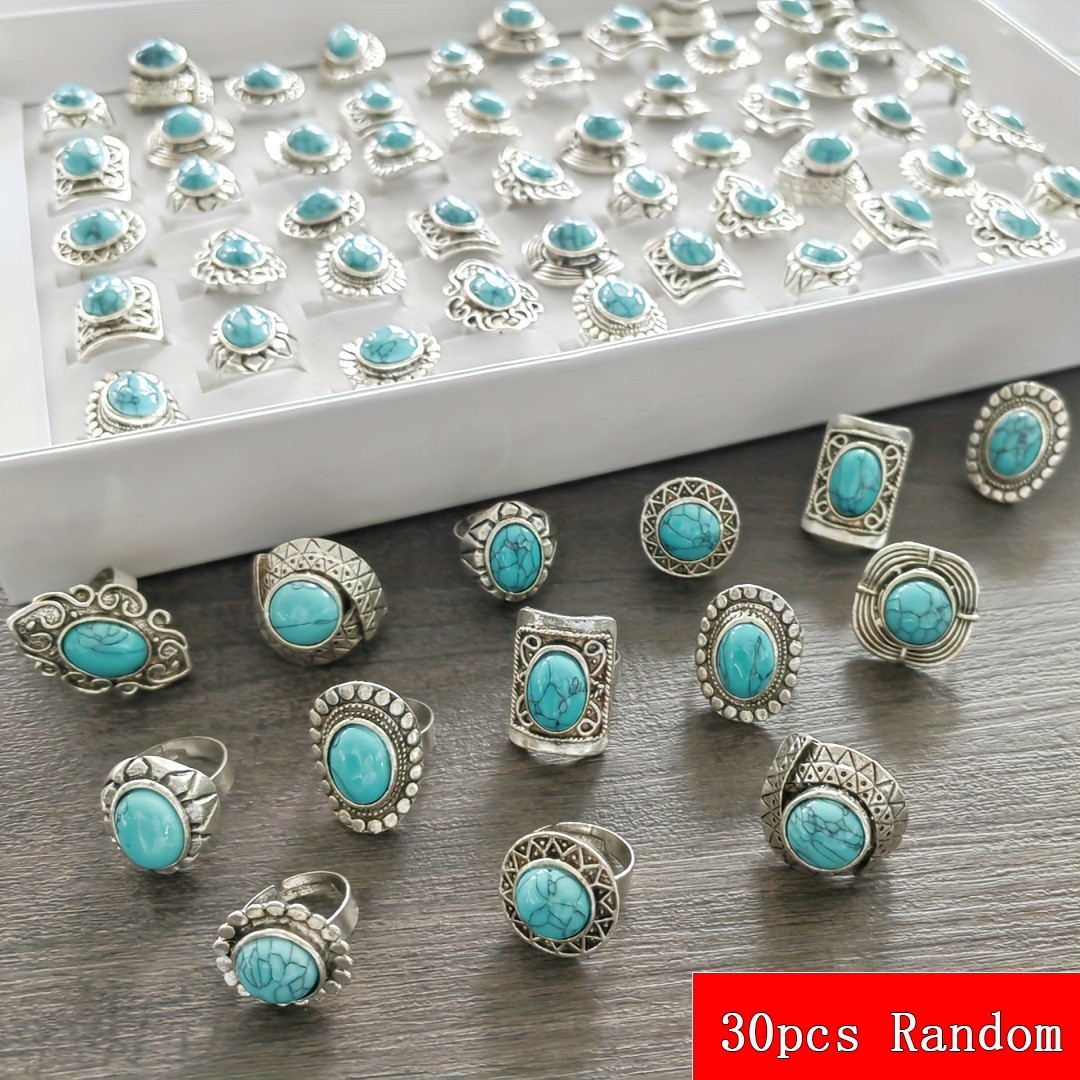 Wholesale Turquoise Jewelry Lots 30pcs Men’s Women’s Rings Natural Stone Rings