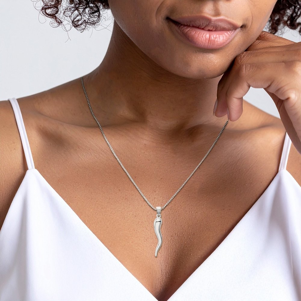 10K White Gold Extra Large Cornicello Italian Horn Pendant Necklace 42mm 1-5/8