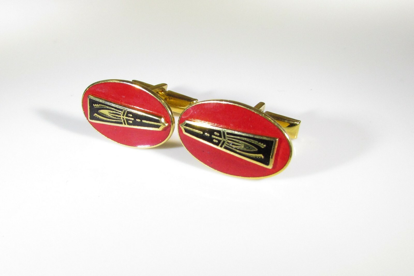 Vintage Kinney Co signed Oldsmobile Rocket Red Enamel Cufflinks Gold Tone MCM