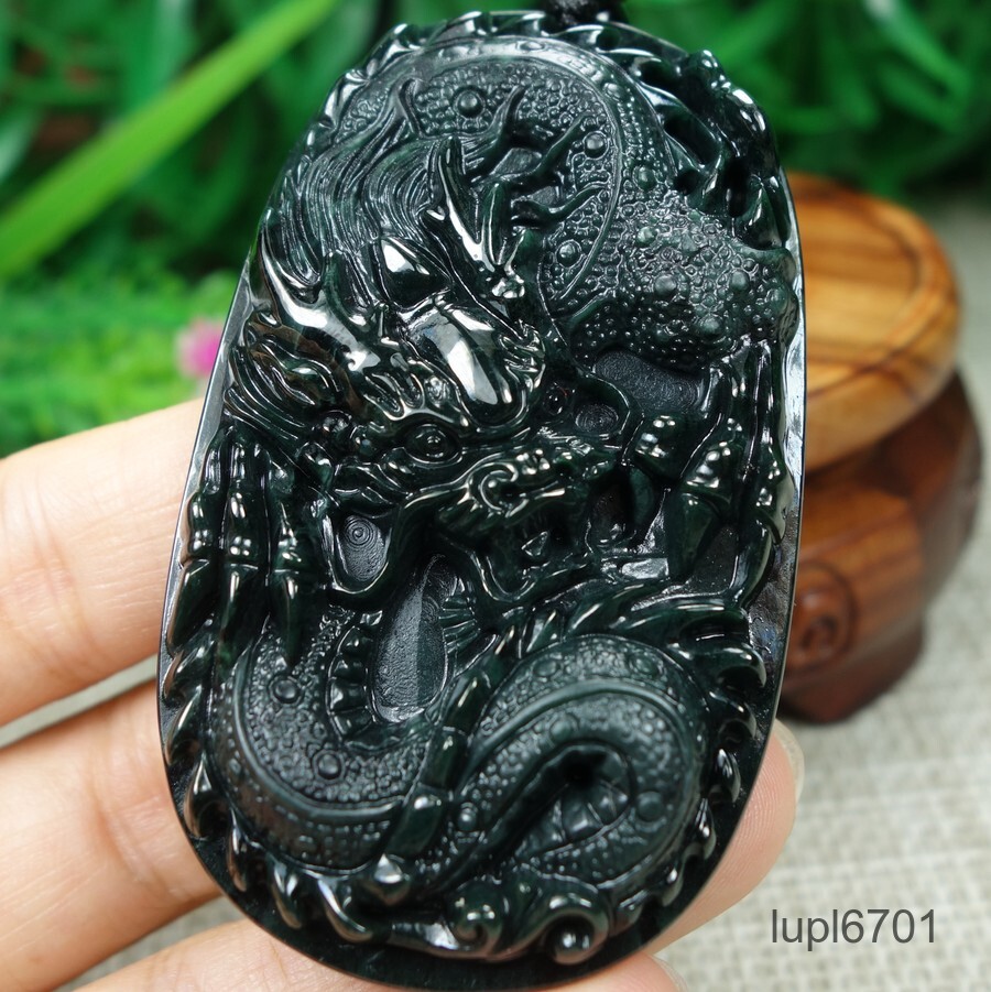 Certified Black green Burma Type A 100%Natural A Jadeite Jade Pendant~Dragon墨翠龙