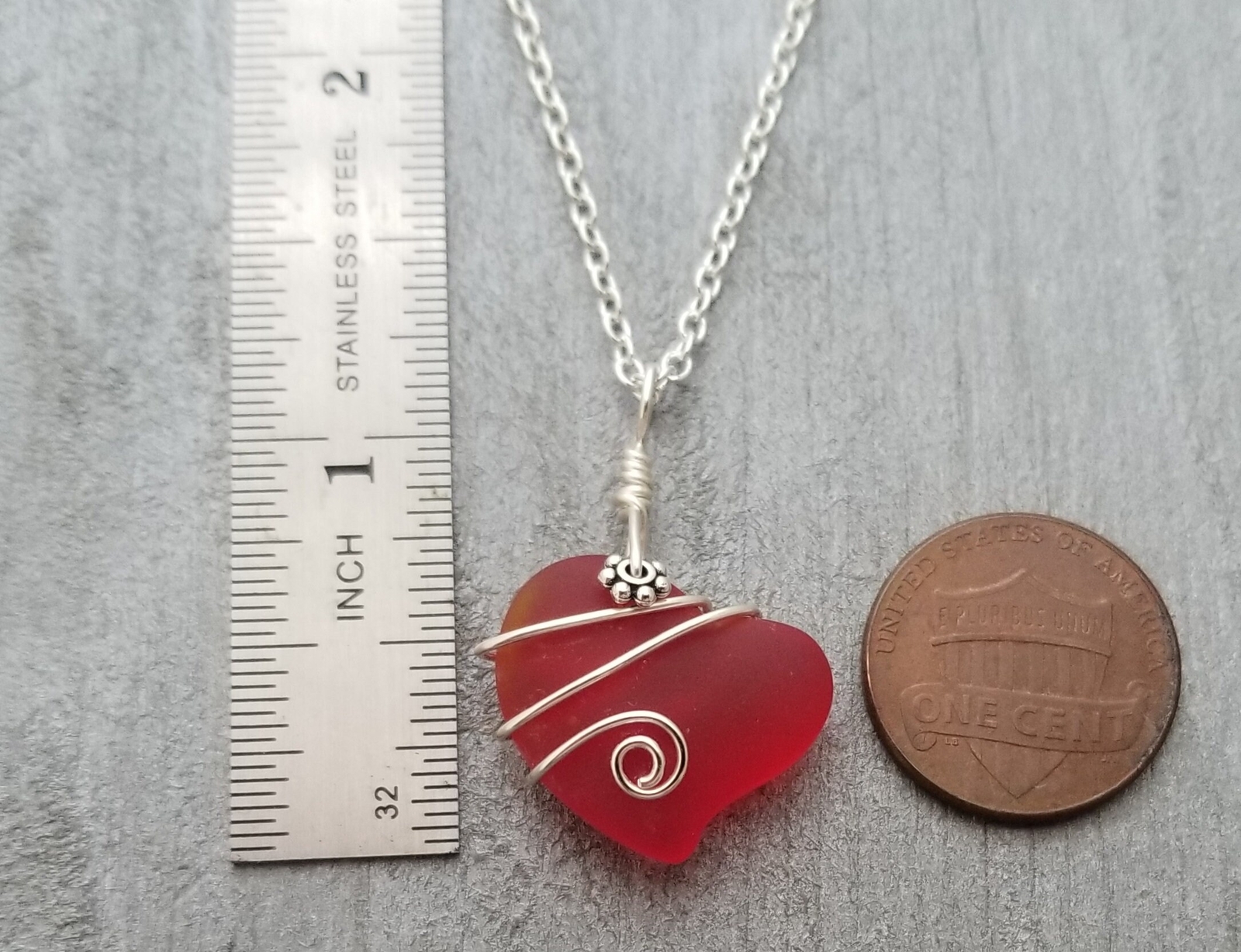 Hawaiian Jewelry Sea Glass Necklace, Wire Ruby Red Necklace Heart Necklace, Sea