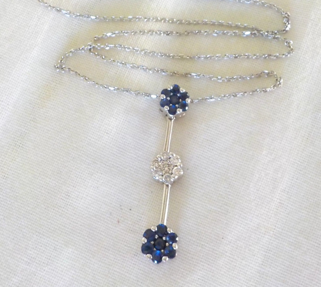 14K White Gold Bar Blue Sapphire Diamond Necklace – 4.0 gms, 18 in, 0.40 ctw