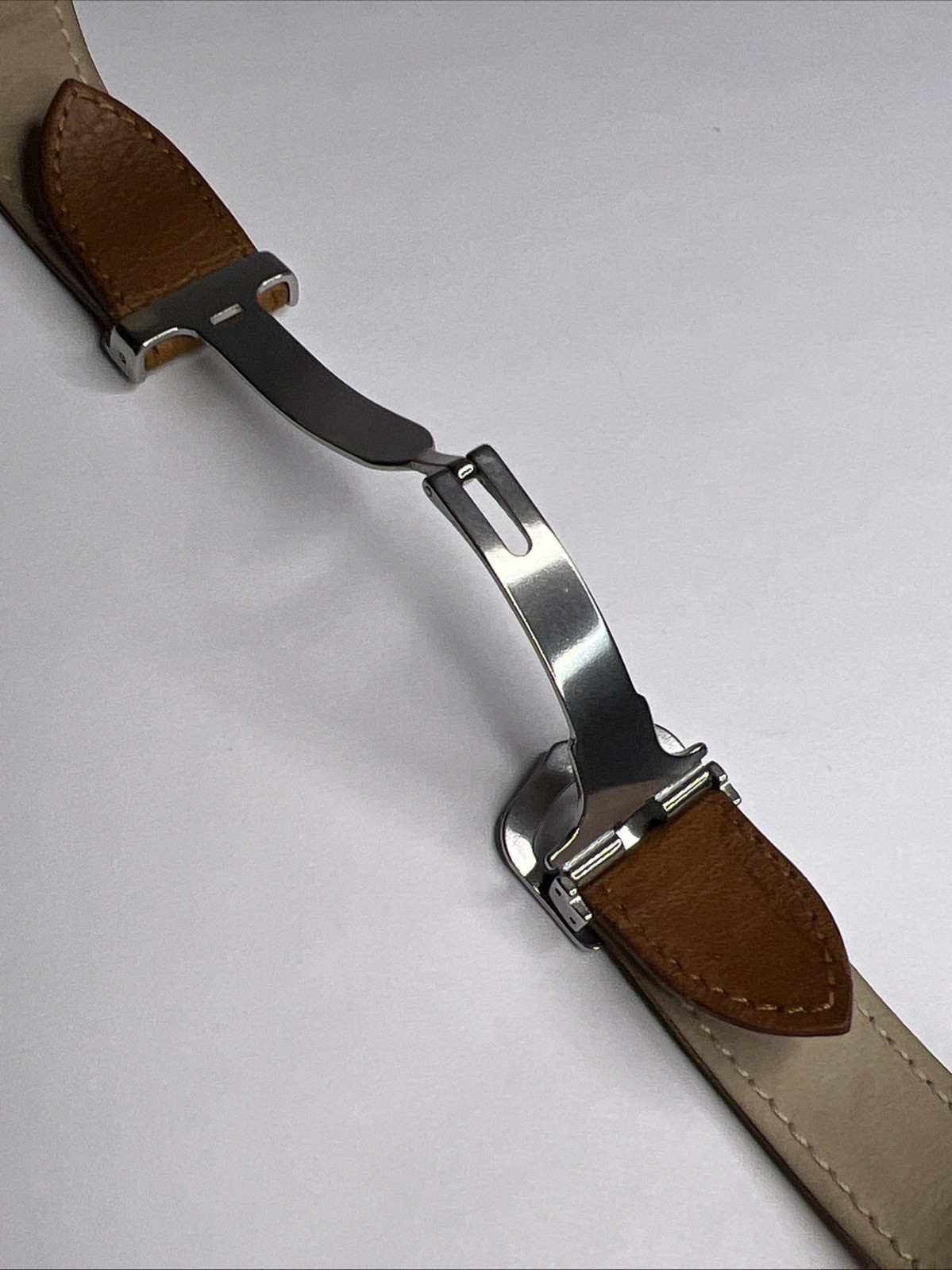 19mm Cartier Tan Ridged Leather Strap Band & 17mm Steel Foldover Deployant Clasp