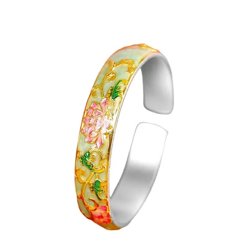 Solid S999 Fine Silver Bracelet Enamel Lotus Flower Bangle 60-61g ID:60mm