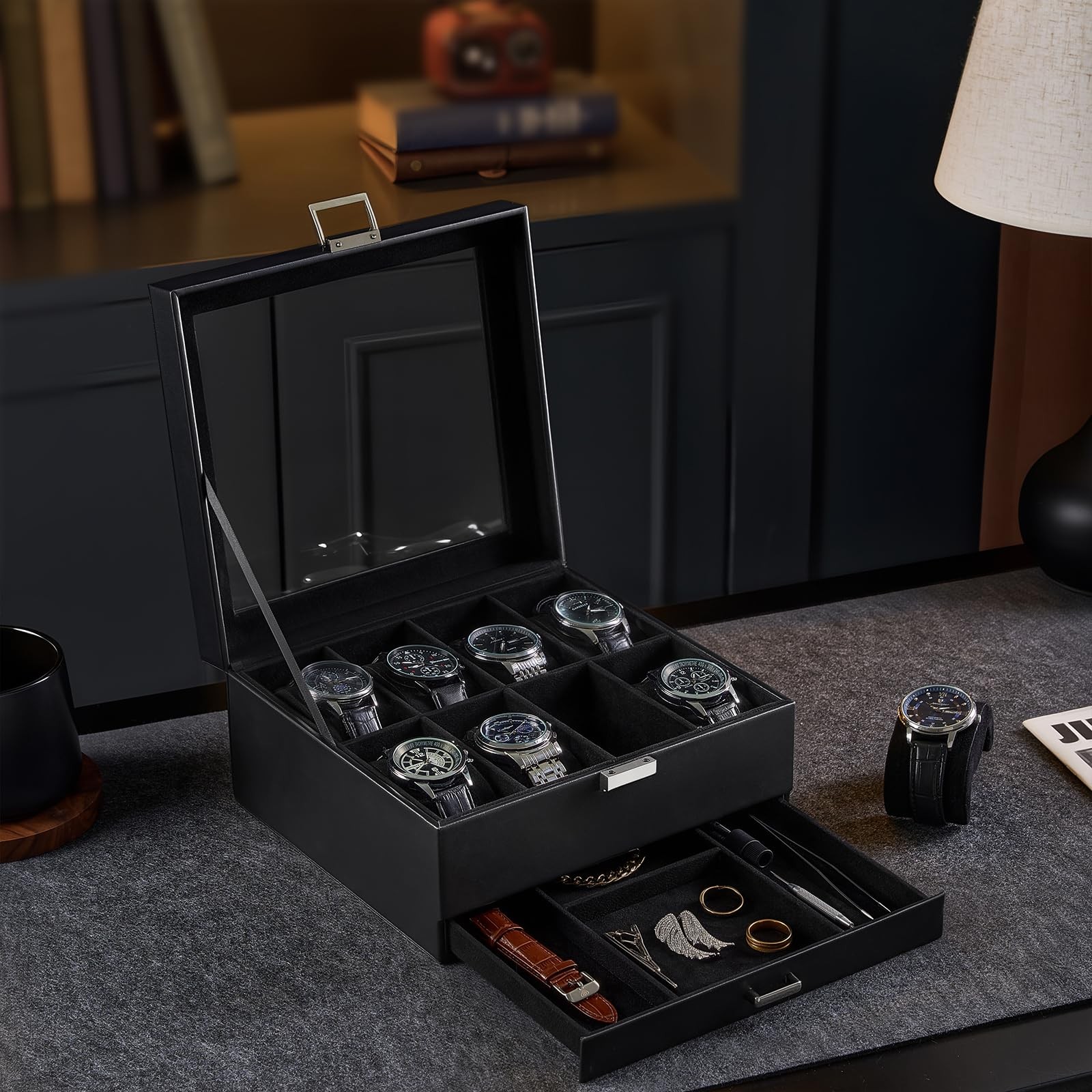 ProCase Watch Case, 8 Slot Mens Box Holder Organizer with 8-Slot, Black