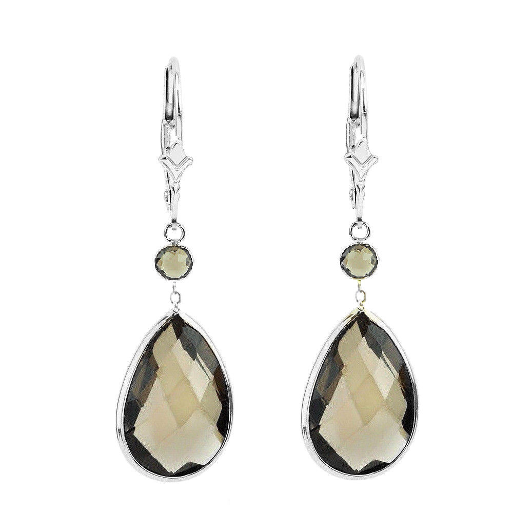14K White Gold Earrings with Pear Shape and Round Smoky Topaz Drop