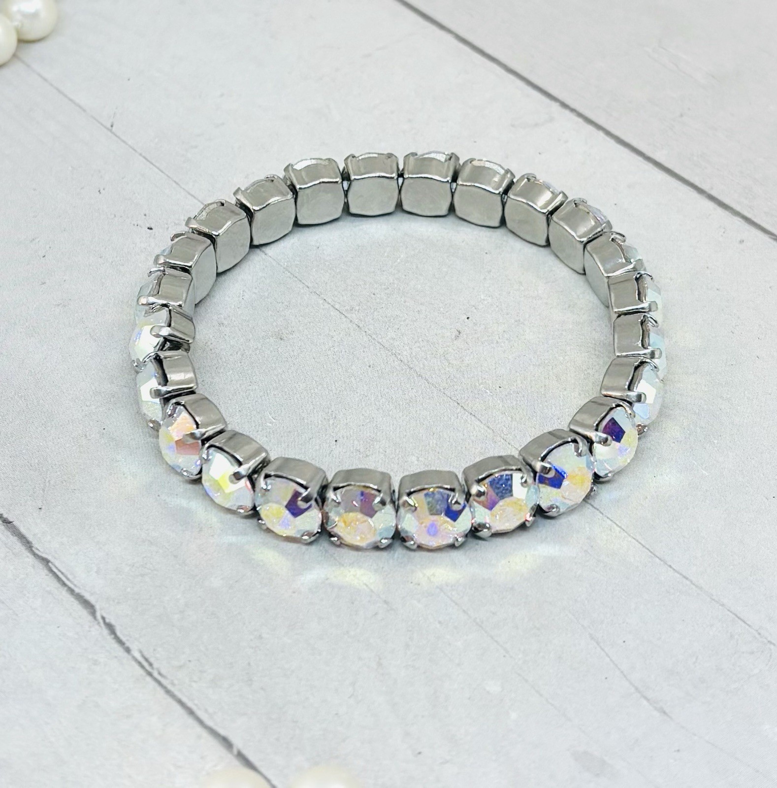 8mm Shiny Silver Plated Crystal AB Stretch Cup Chain Bracelet
