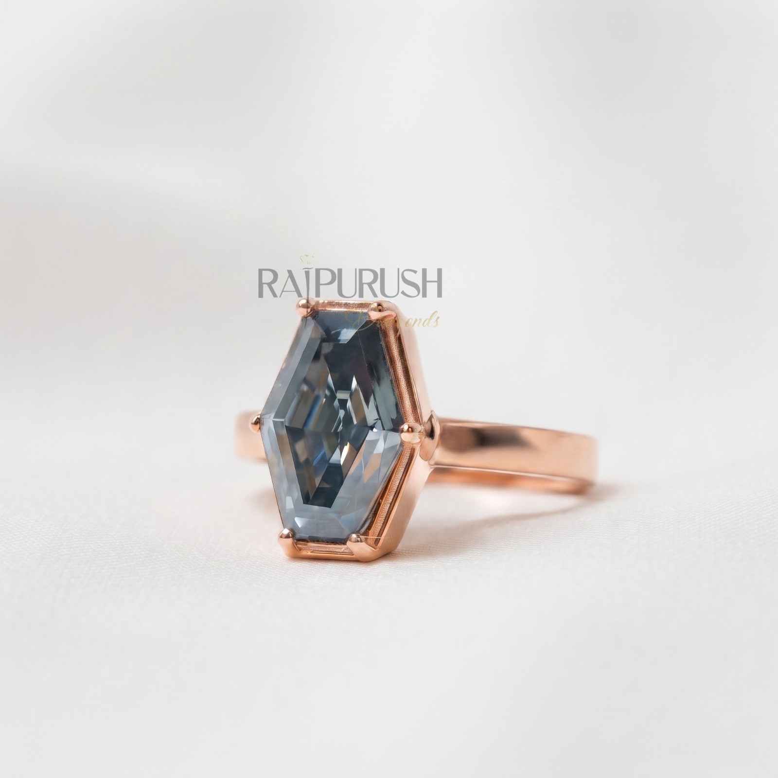 Hexagon Dark Grey Moissanite Engagement Ring 925 Silver Gold Plated Women Gift