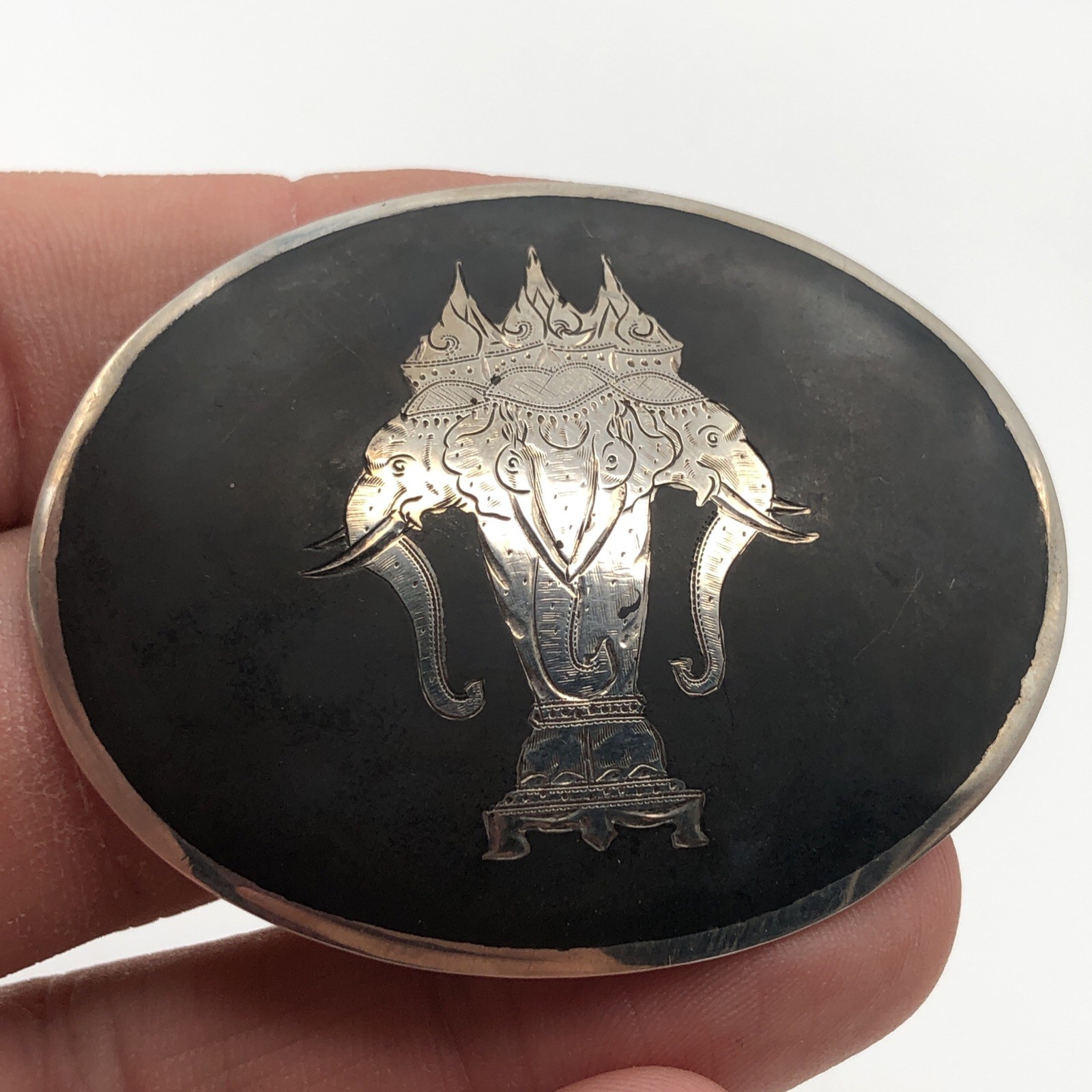 Vintage Kui Kee Elephant Niello Enamel Sterling Silver Bangkok Siam Brooch Pin
