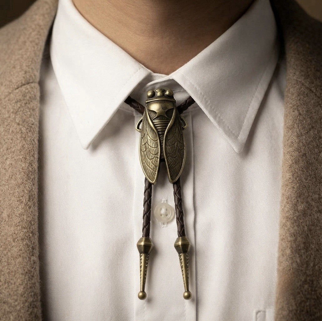 Men’s Western Leather Bolo Tie Black Cord Bronze Cicada Clasp Adjustable