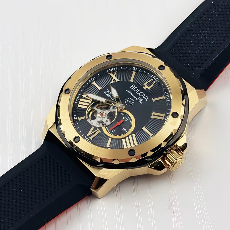Bulova Marine Star A 98A272 Men’s Automatic Watch Black Gold Dial Silicone Strap