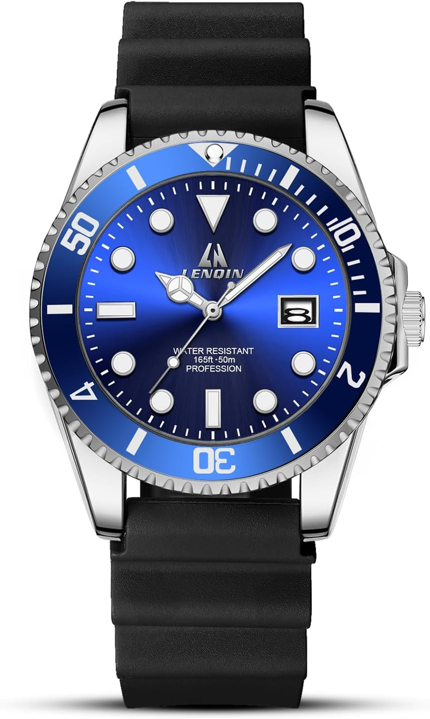 LN LENQIN Mens Analog Quartz Watch 40mm Silver Blue Date Luminous 50m Military