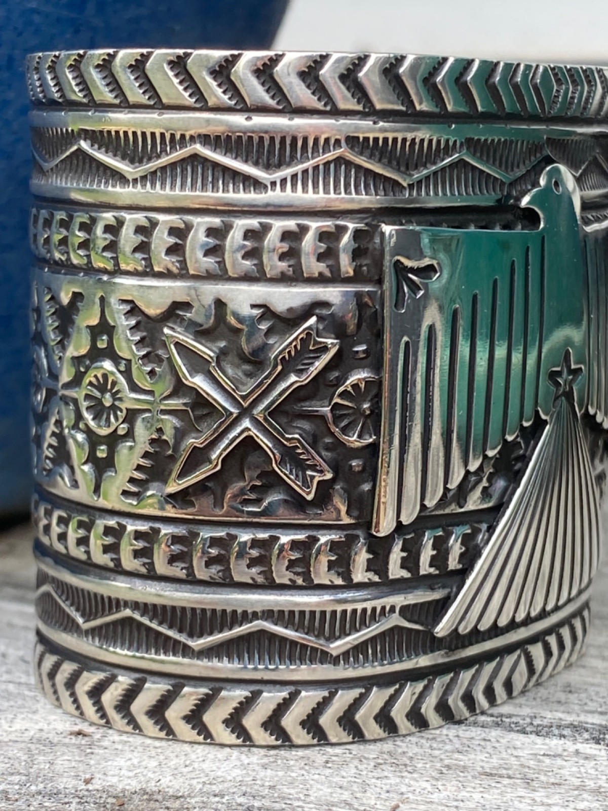 MINT CONDITION Navajo Sunshine Reeves Thunderbird Solid 925 Cuff Bracelet WIDE!!