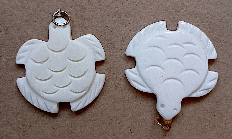 Pendants, Set of 2 Pcs, Water Buffalo Bone, Sea Turtles, Hand Carved, 1.5″