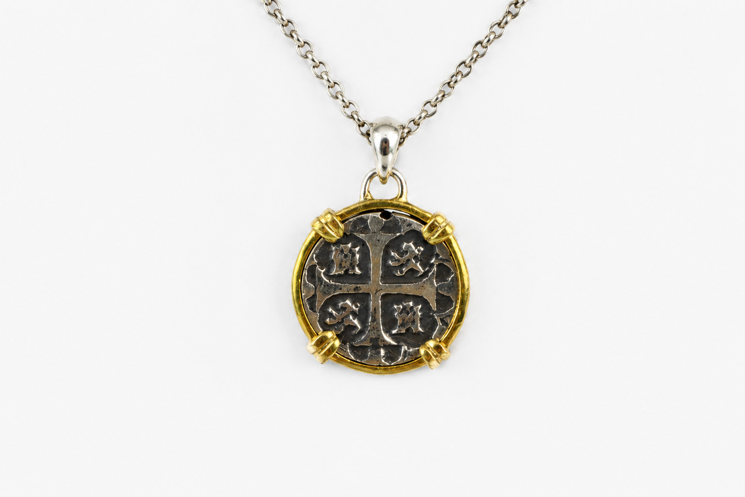 Spanish Atocha Coin Pendant 925 Sterling Silver 18K Gold Plated Frame 30mm