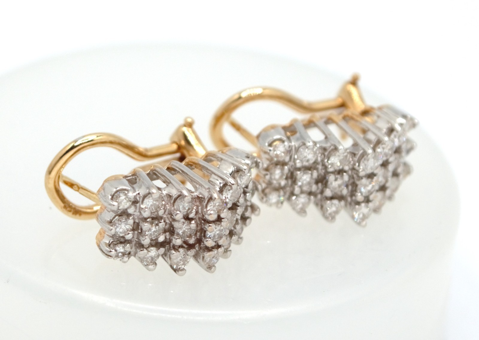 14K Yellow & White Gold Diamond 3D Cluster Huggie Hoop Earrings 6.69 Grams