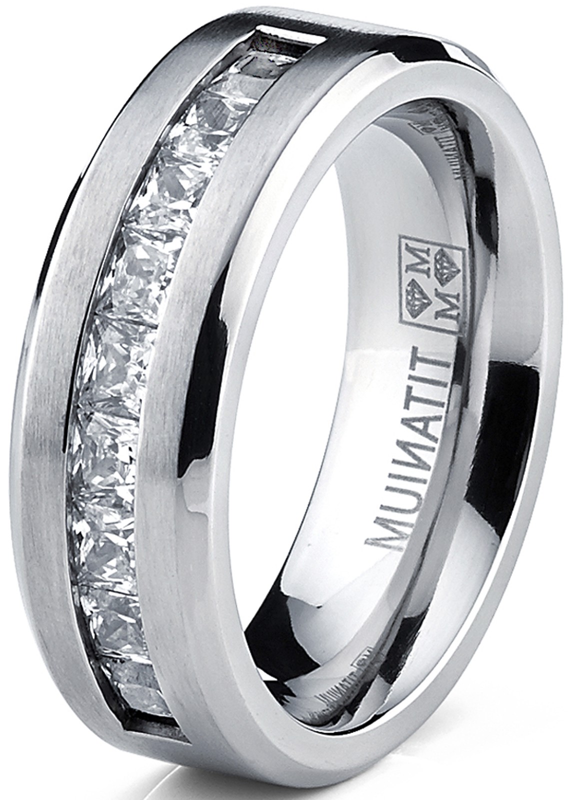 Titanium Men’s Wedding Band Engagement Ring with 9 large Princess Cut CZ