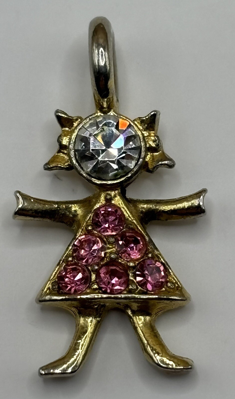 Vintage KIS USA Birthstone Brat Girl Charm Pendant October Rose Zircon And Gold