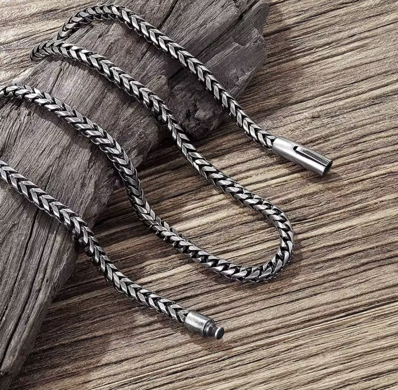 Men’s Black Silver Stainless Steel Viking Wheat Chain Necklace 60cm