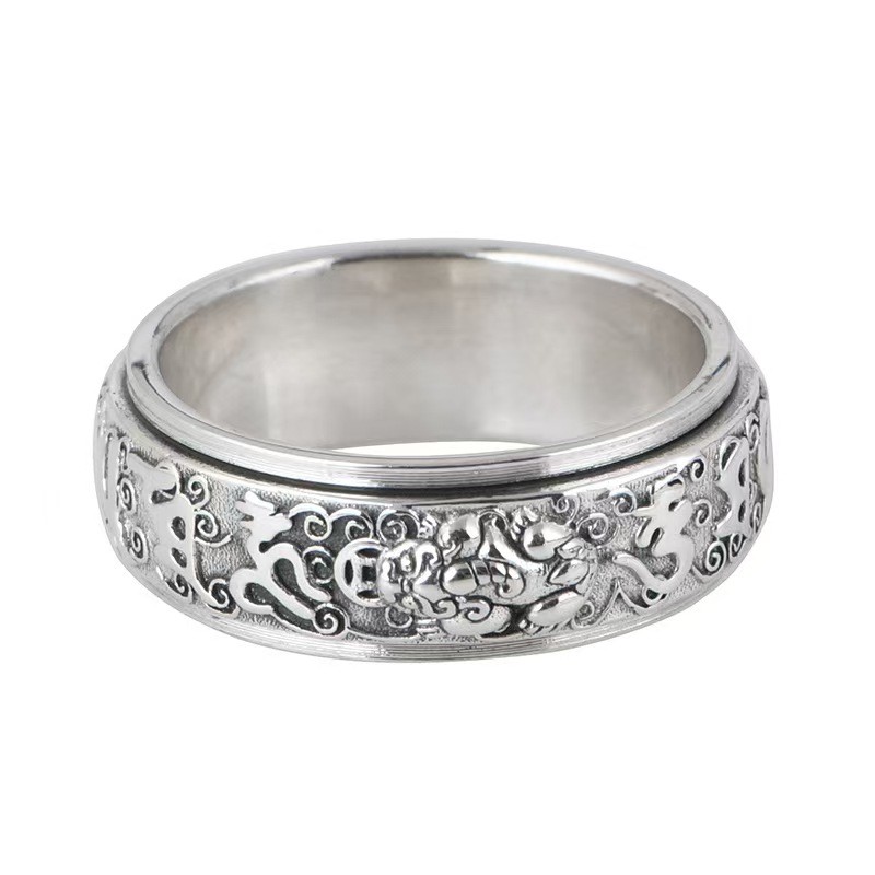 Pure S925 Sterling Silver Band Men Women Six Words Pixiu Ring Us Size :8-13