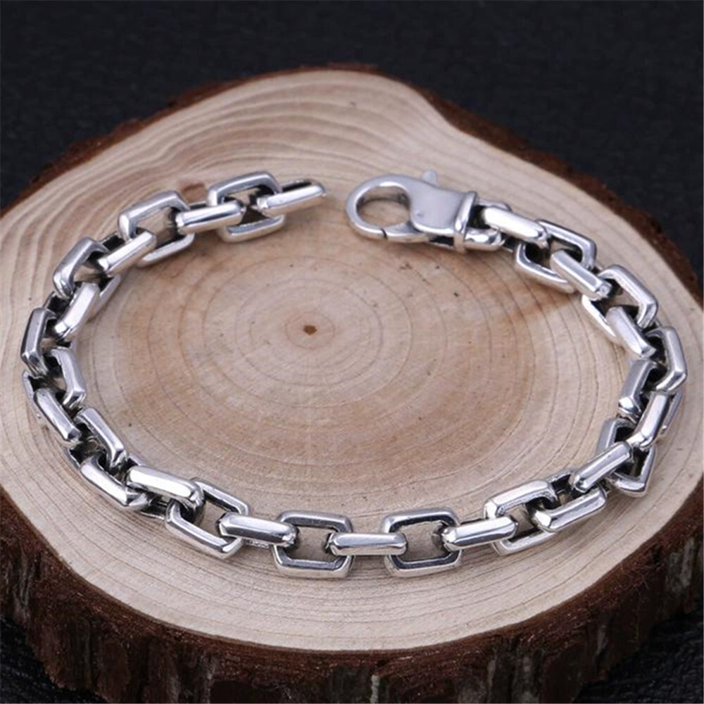 Solid S925 Sterling Silver Chain Men Women 7mm Square O Link Bracelet 7.1-8.7in