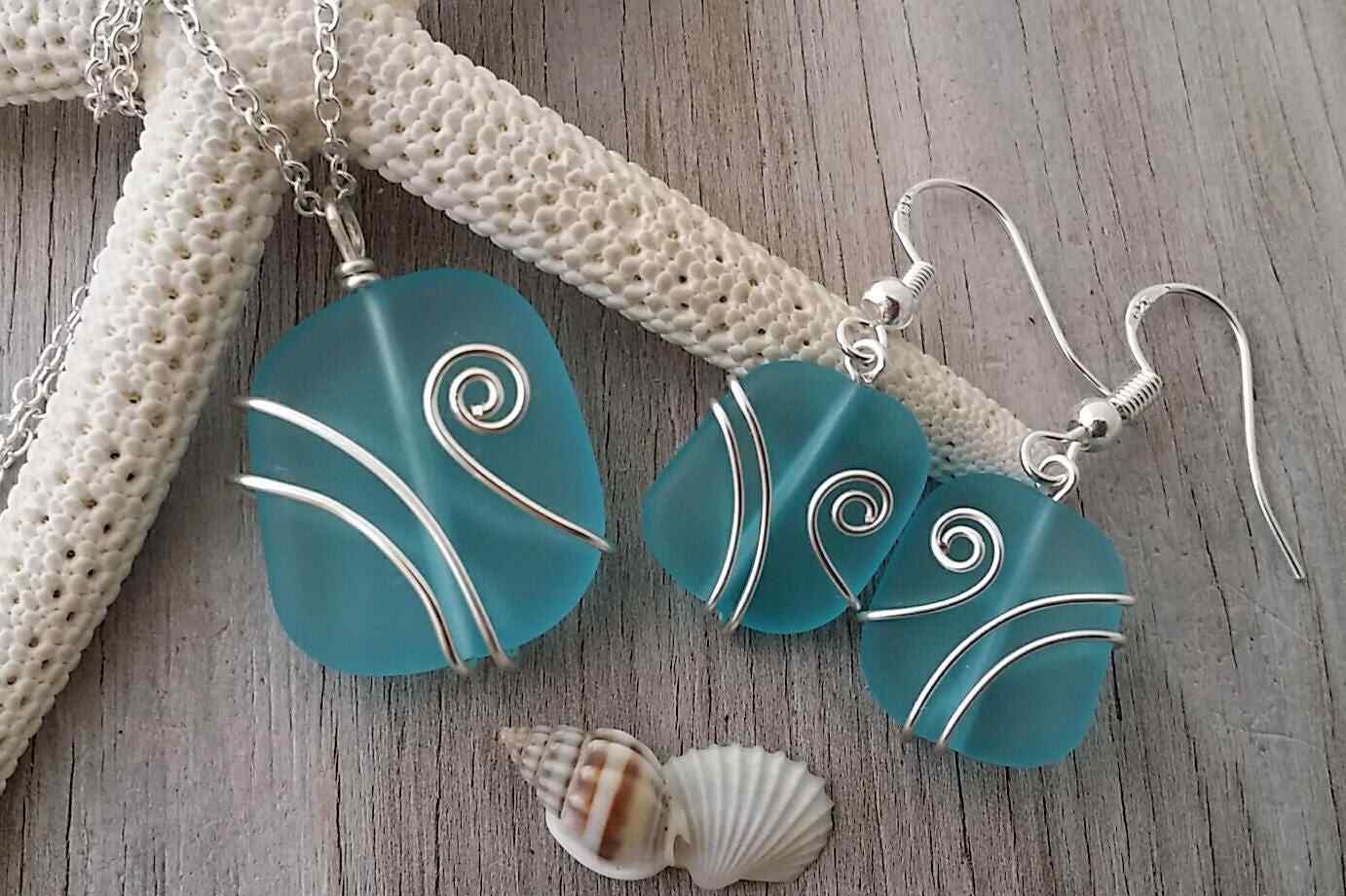 Made in Hawaii, Wire wrapped blue sea glass necklace + earrings jewelry set,