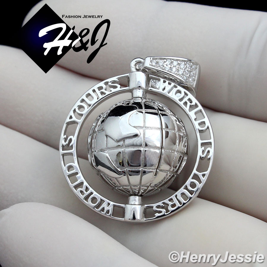 MEN 925 STERLING SILVER SILVER ICY BLING CZ “WORLD IS YOURS” GLOBE PENDANT*SP138