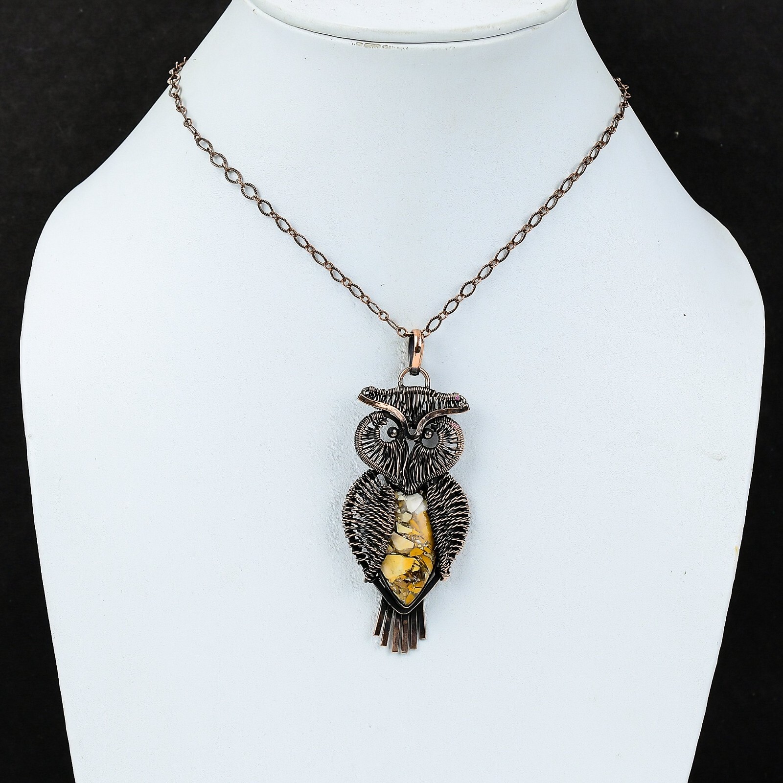 Brecciated Mookaite Jewelry Copper Mother Gift Wire Wrapped Owl Pendant 3.27″