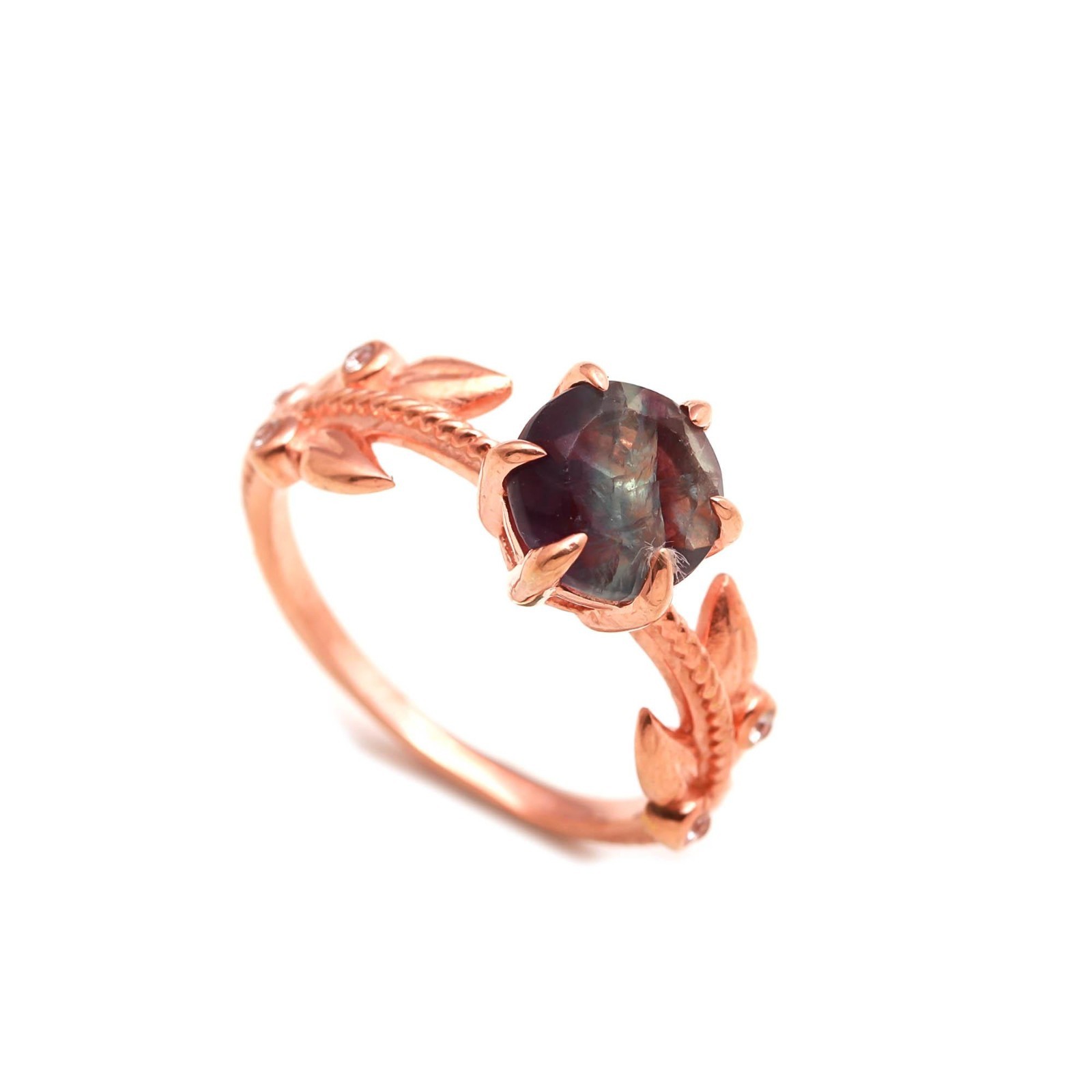 Natural Fluorite Round Ring Rose Gold Plated 925 Sterling Silver Vintage Jewelry