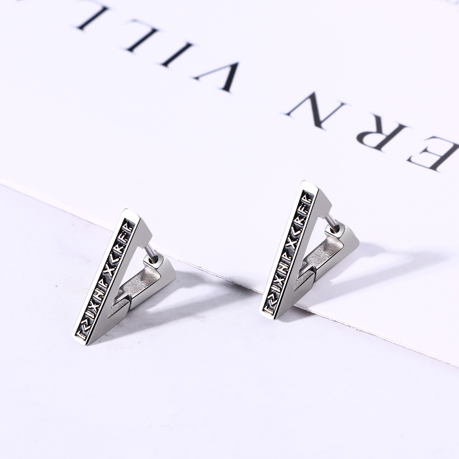 Norse Viking Runes Triangle Hoop Earrings for Men Women Huggie Hoops Ear Studs