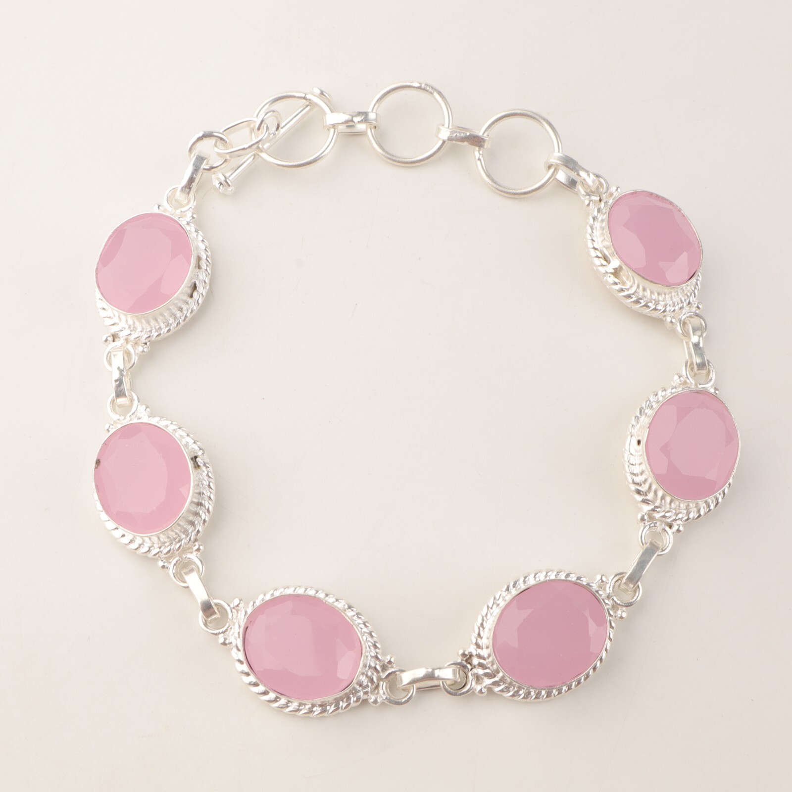Natural Rose Chalcedony Gemstone Chain Pink Bracelet 925 Sterling Silver Jewelry