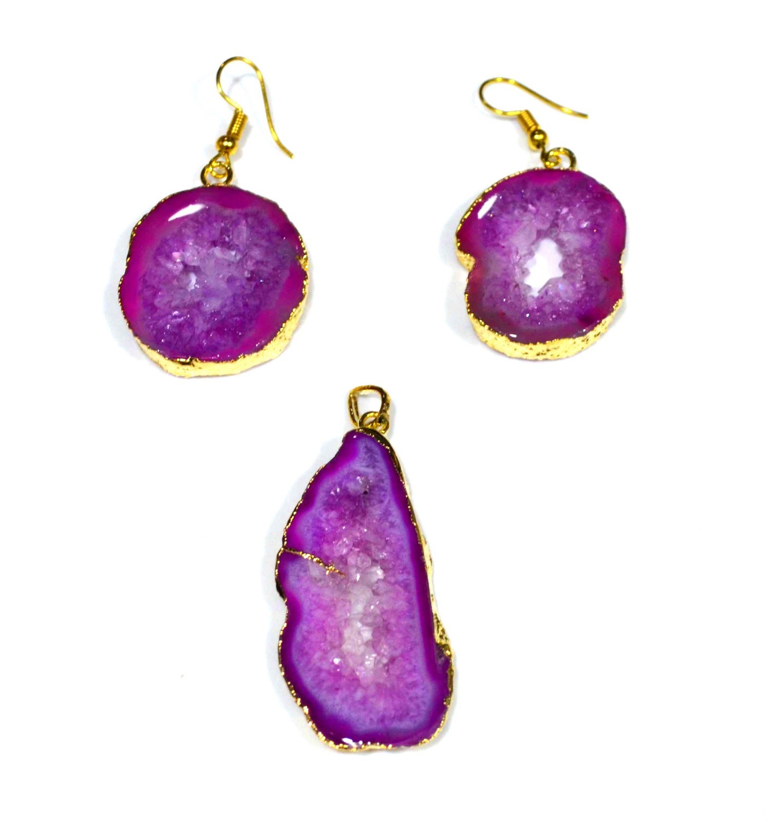 130 Ct. Gold Electro Plated Pink Agate Gemstone Pendant Earrings Set-A588