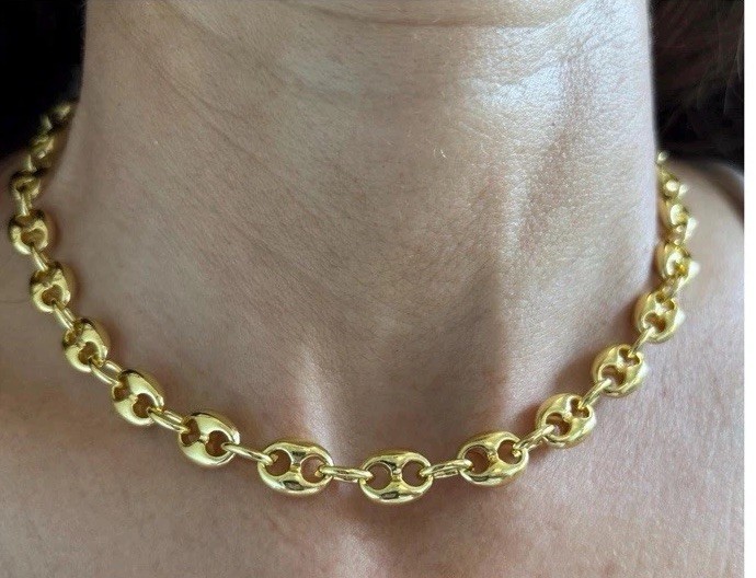 14k yellow Gold Plated Puffy Puffed Anchor Mariner Link Chain Necklace