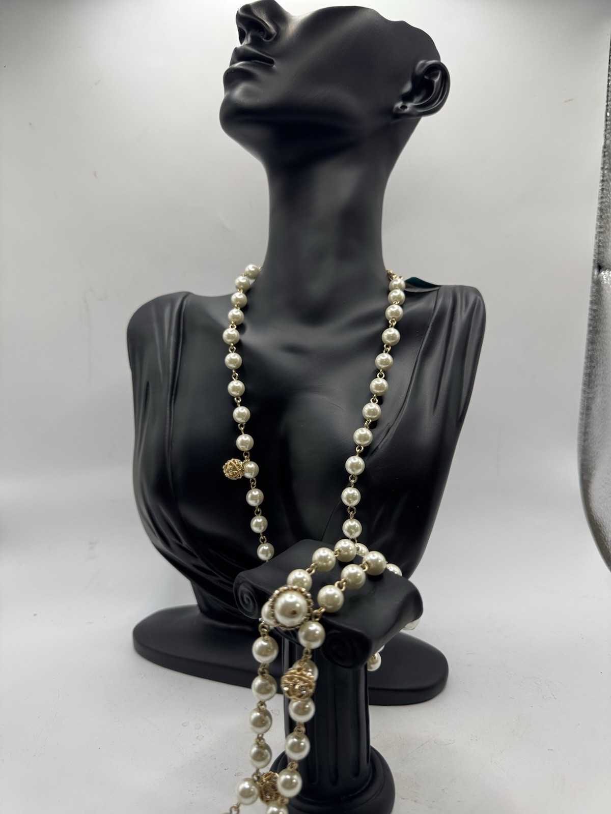 Charter Club Faux Pearl Long Necklace Gold Bead Statement NWT