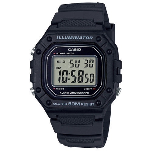 Casio W218H-1AV, 50 Meter WR Chronograph Watch, Alarm, Black Resin, Illuminator