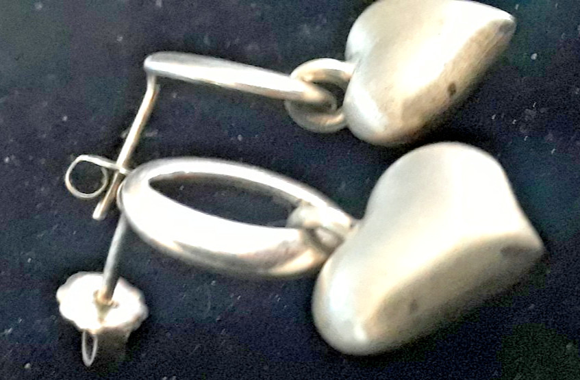 Vintage Sterling Silver Puffy Heart About 1 Inch Drop Earrings